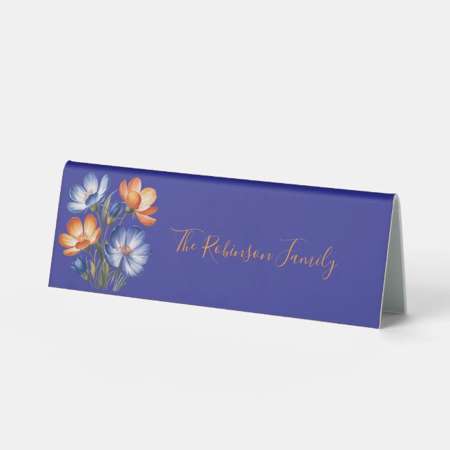 Plaque De Table Orange and Cobalt Blue Floral Wedding Family  (Recto)
