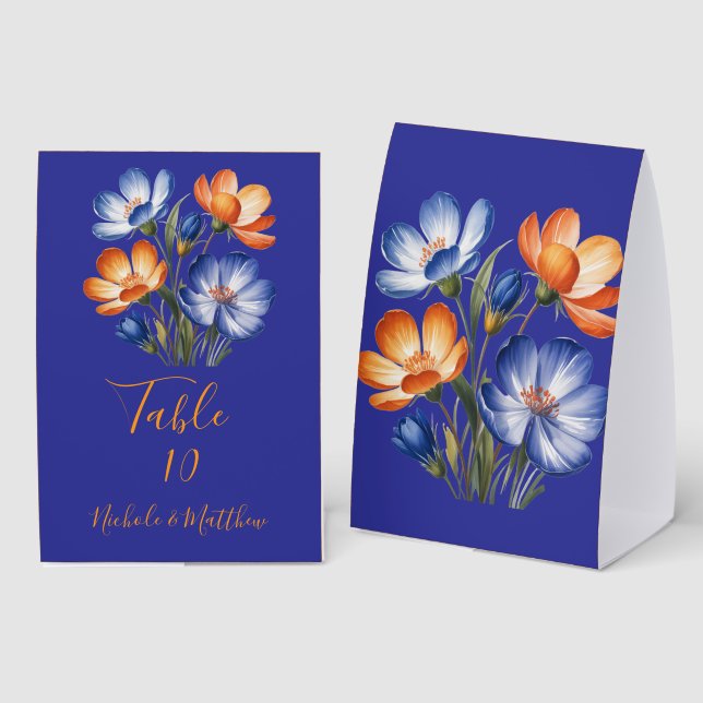 Plaque De Table Orange and Cobalt Blue Floral Wedding Table Number (Recto/verso)