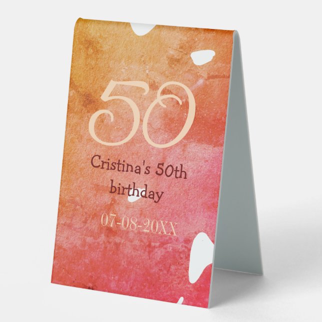 Plaque De Table Orange rouge 50 anniversaire ajouter nom date p (Recto)