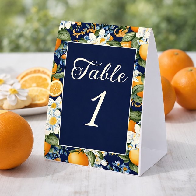 Plaque De Table Oranges Fleurs Blanches Bleu Marine Numéro de Tabl (Oranges on navy blue table number)