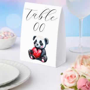 Plaque De Table Panda Mignon Tenant un Cœur Rouge   Logo et Texte 