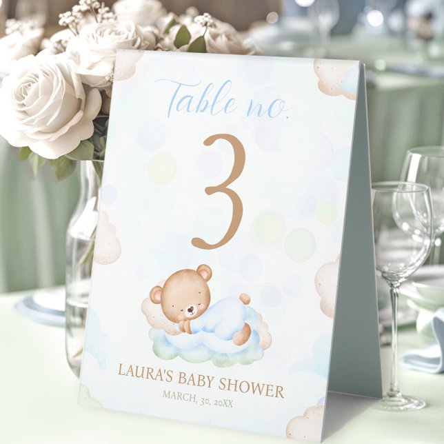 Plaque De Table Panneau de numéro de table pour Baby Shower Ours B (Bear Blue Green Boy Baby Shower Table Number Sign)