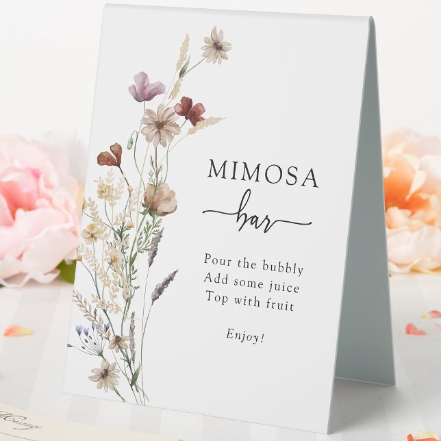 Plaque De Table Panneau de tente de bar Mimosa Fleur sauvage (Boho White Wildflower Mimosa Bar Tent Sign by Painted Paperie
)