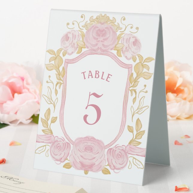 Plaque De Table Panneau Numéro de la table de crête Rose aquarelle (In SItu (Mariage))