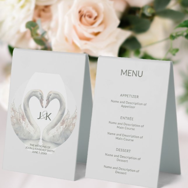 Plaque De Table Panneau tente du menu Mariage Swan (Wedding Menu Table Tent Sign (front and back))