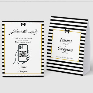 Plaque De Table Partage de photos de mariage noir blanc rayé or