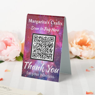 Plaque De Table Payer ici code QR effet galaxie rose pailleté