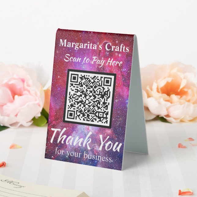 Plaque De Table Payer ici code QR effet galaxie rose pailleté (In SItu (Mariage))