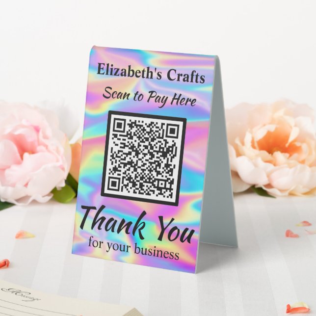 Plaque De Table Payer ici Code QR Hologramme iridescent arc-en-cie (In SItu (Mariage))