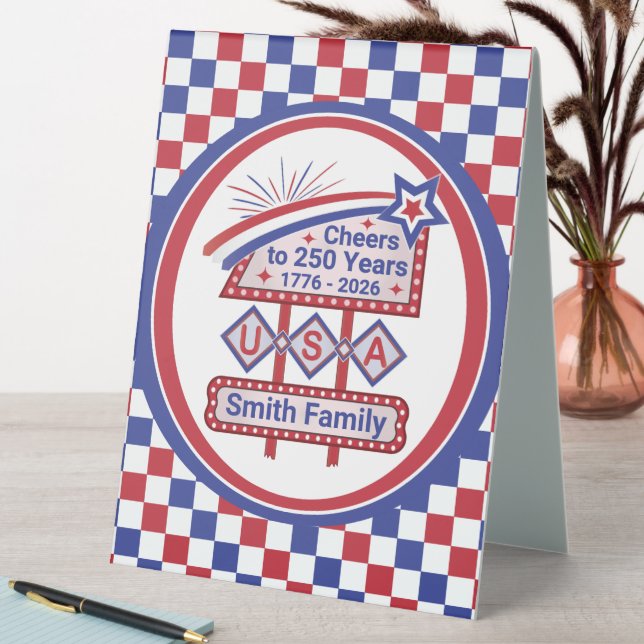 Plaque De Table Personalized USA 250–Patriotic Retro Marquee (En SItu (Tableau))