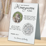 Plaque De Table Pet Wedding Dog Photo Cash Honeymoon Fund QR Code<br><div class="desc">Let your best dog be in charge of your honeymoon with this custom pet photo honeymoon fund sign. Perfect for dog lovers, and a dog honeymoon fund will be a hit at your wedding. Simple modern white with black botanical eucalyptus leaves. "Our Parents Honeymoon Fund" Customize this pet wedding honeymoon...</div>
