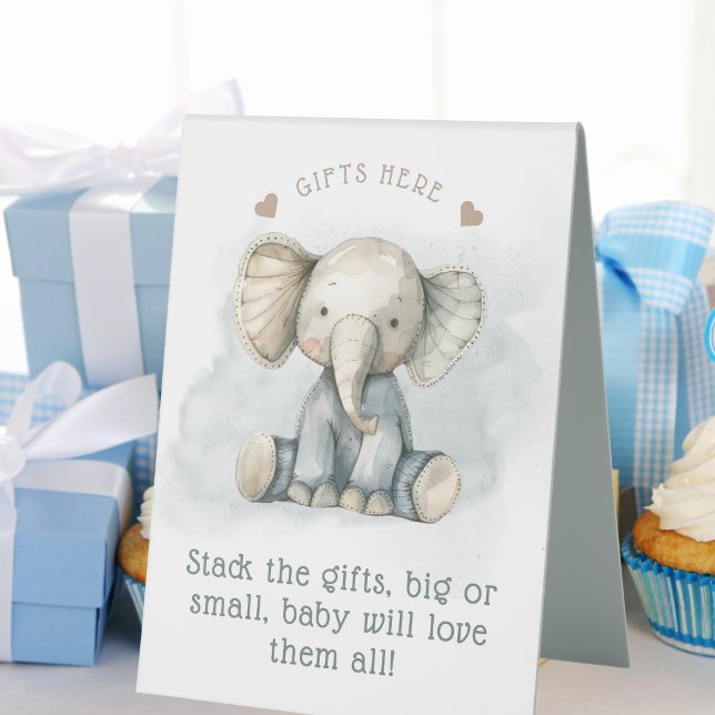 Plaque De Table Petit Eléphant d'arachide Baby shower bleu rayé (Little Peanut Elephant Blue Striped Baby Shower Table Tent Sign)