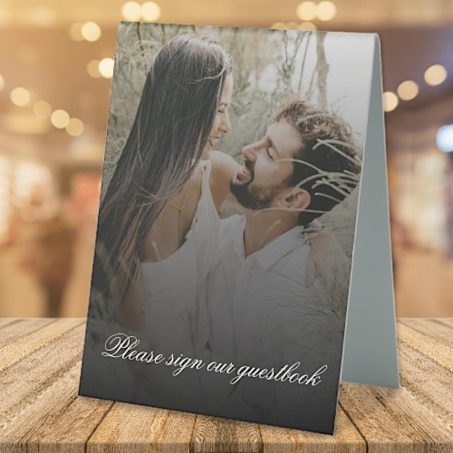 Plaque De Table Photo moderne avec Mariage de recouvrement noir (Modern Photo with Black Overlay Wedding Table Tent Sign)