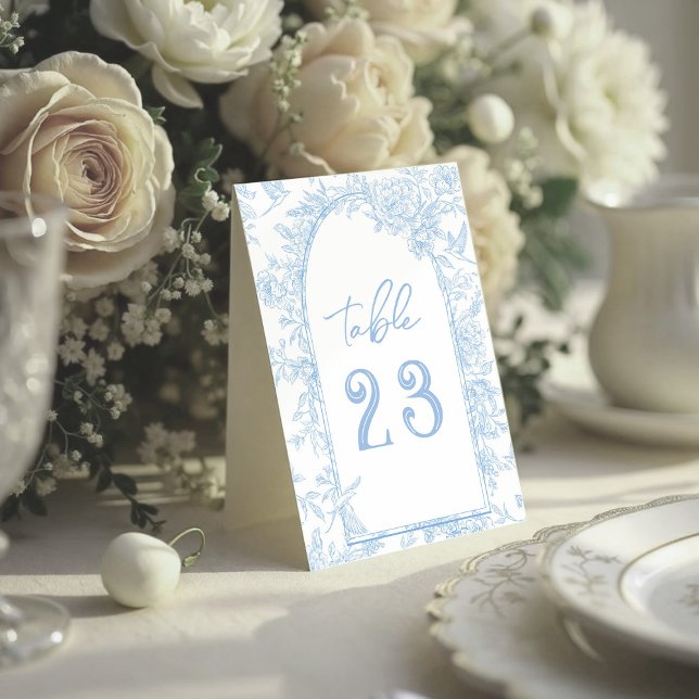 Plaque De Table Photo Toile de France Mariage Floral bleu et blanc (Wedding Table Number French Toile inspired blue and white florals)