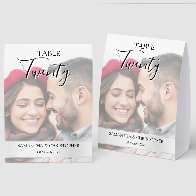 Plaque De Table Photo Wedding Table Number with Faux Silver Band | (Recto/Verso)