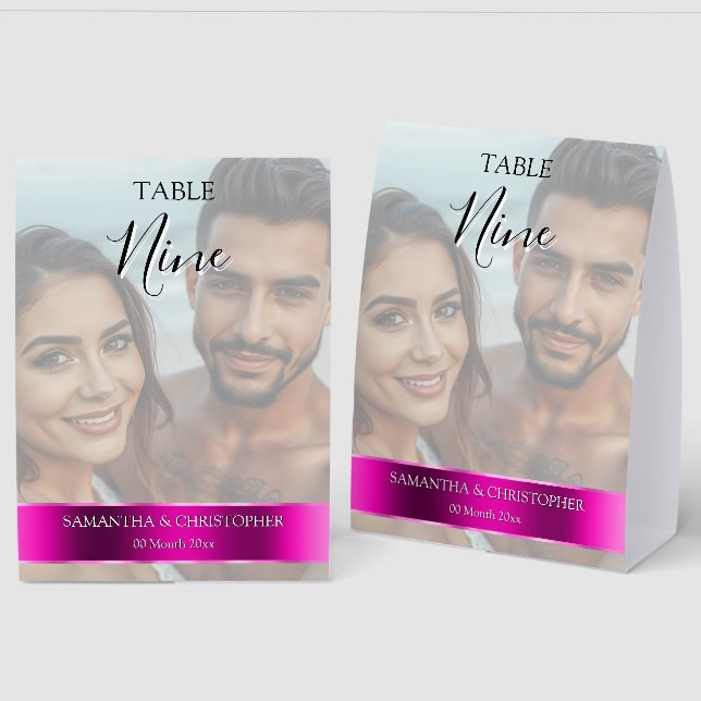 Plaque De Table Photo Wedding Table Number with Magenta band (Recto/Verso)