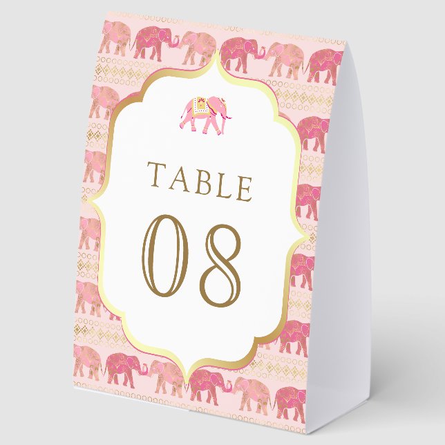 Plaque De Table Pink and Gold Elephant Indian Wedding Table Number (Recto)
