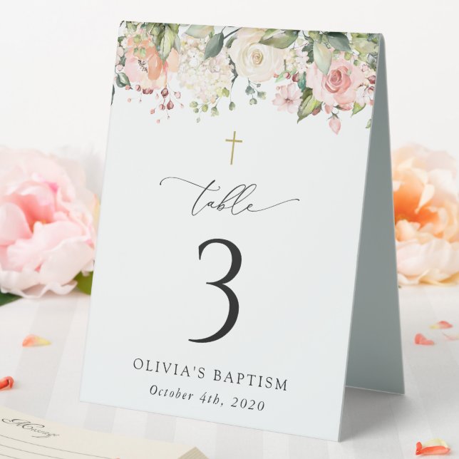 Plaque De Table Pink Flowers, White Flowers, Baptism Table Numbers (In SItu (Mariage))