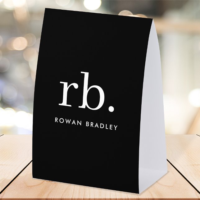 Plaque De Table Porte-nom de table à monogramme | Enseigne de nom  (Sleek black modern monogram paper table tent nameplate sign.)