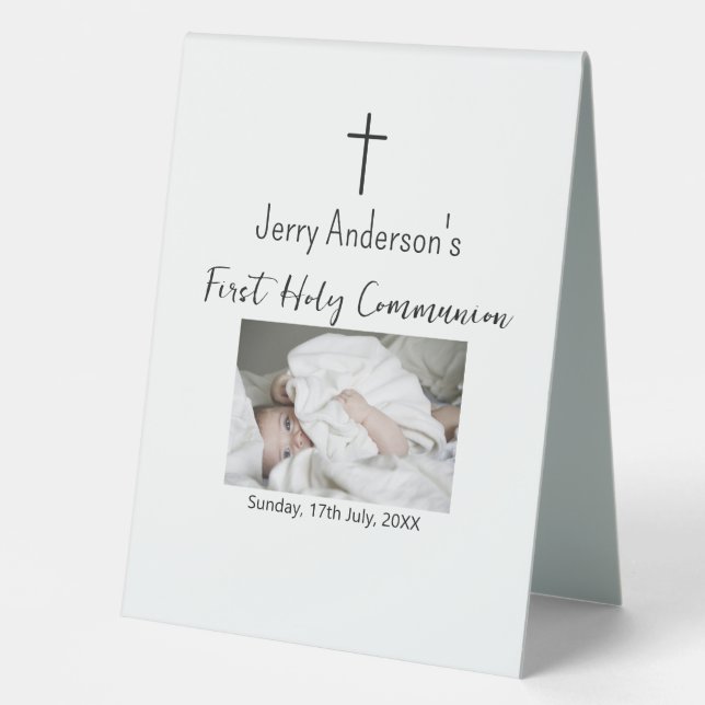 Plaque De Table Première communion sacrée catholique simple QR min (Recto)