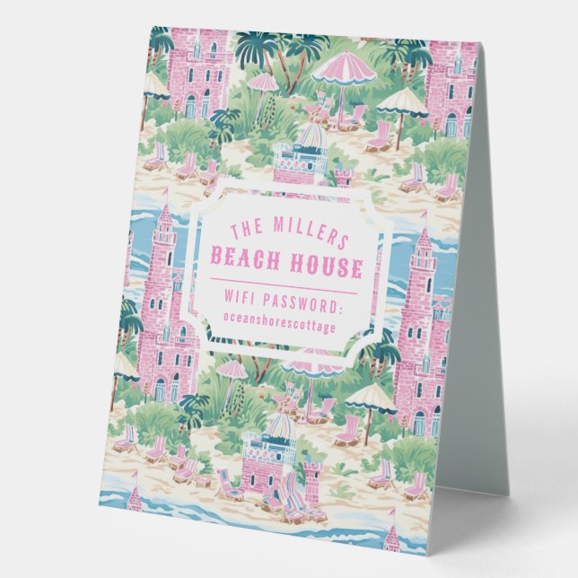 Plaque De Table Preppy Pink Sand Castle Beach House Wifi Mot de pa (Recto)