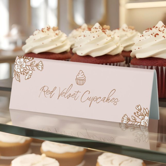 Plaque De Table Présentoir à cupcakes Floral dessinés à la main po (Hand Drawn Florals Pink Cupcake Bakery Counter Table Tent)