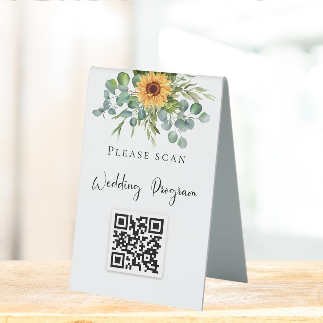 Plaque De Table Programme de mariage QR code tournesols eucalyptus (Créateur téléchargé)
