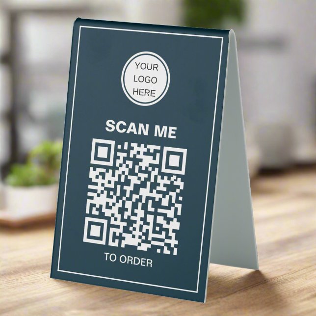 Plaque De Table QR Code Business Logo l Cafe Restaurant Menu Bleu (Créateur téléchargé)