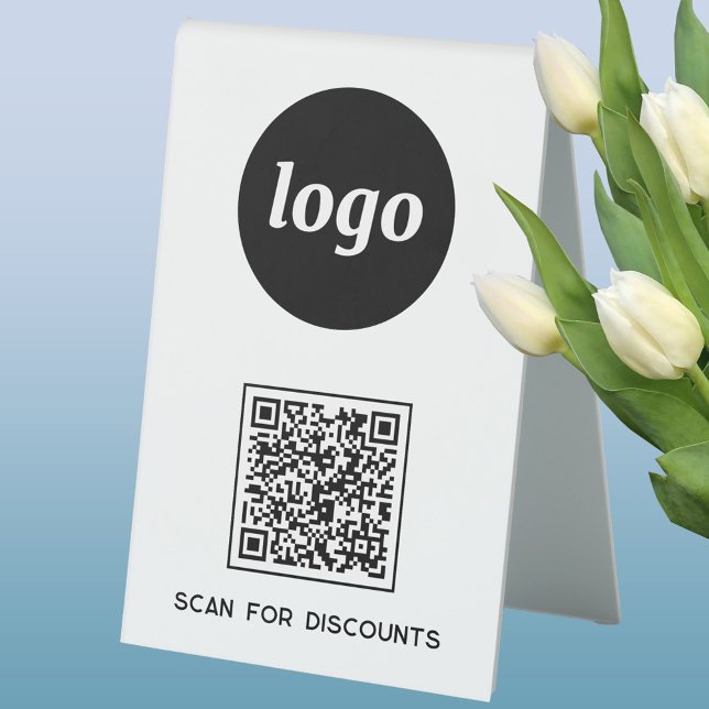 Plaque De Table QR Code Logo Business Scan for Discounts (Simple logo with custom text business branding promotional QR code table tent sign)