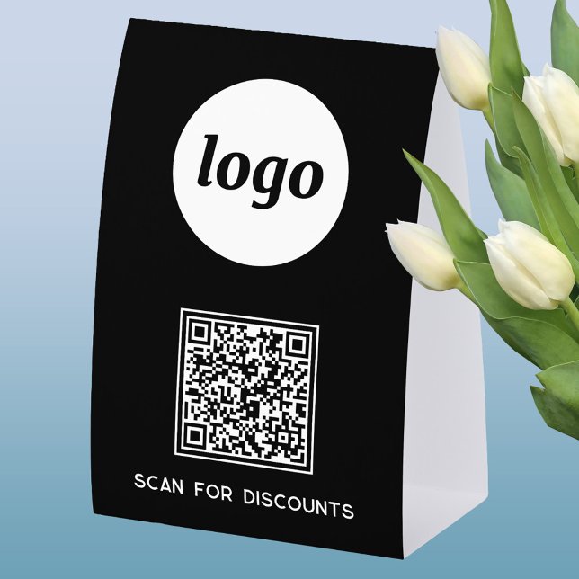 Plaque De Table QR Code Logo Business Scan for Discounts Black (Simple logo with custom text business branding promotional QR code table tent sign)