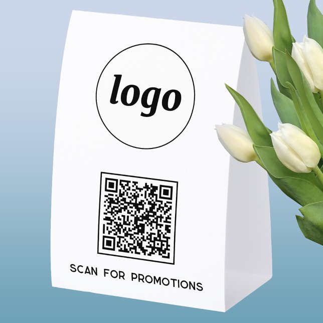 Plaque De Table QR Code Logo Business Scan for Promotions (Simple logo with custom text business branding promotional QR code table tent sign)