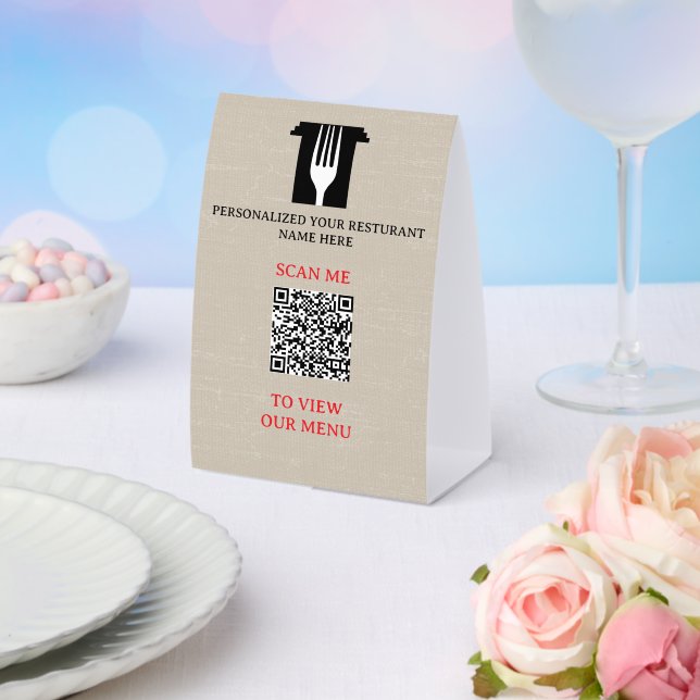 Plaque De Table QR Code Menu Light Beige Linen Custom Logo (Insitu (mariage))