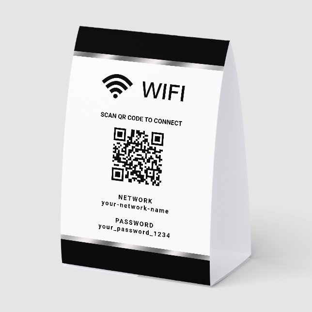 Plaque De Table Réseau Wifi Code QR Argent Noir et Mot de Passe (Recto)