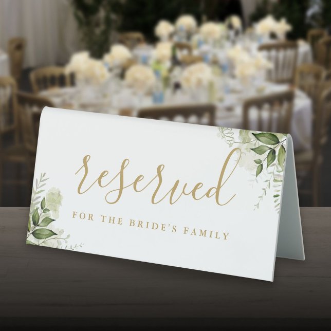 Plaque De Table Réserve de mariage floral verdure or (Floral Greenery Gold Wedding Reserved Table Tent Sign)