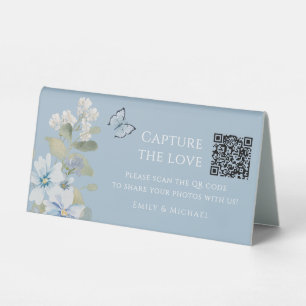 Plaque De Table Romantique Bleu Floral Mariage Photo Partage QR Co