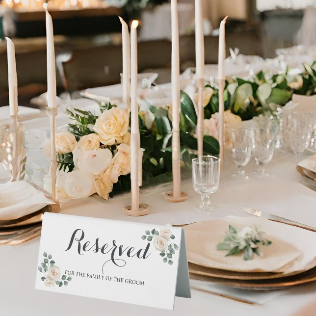 Plaque De Table Roses blanches Printemps Floral Mariage Romantique (Angled view soft botanical romantic timeless gold white foliage elegant wedding reserved table sign)