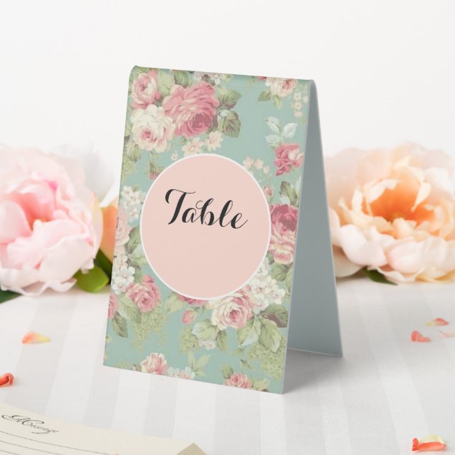 Plaque De Table Roses roses et blanches shabby chic sur aqua (In SItu (Mariage))