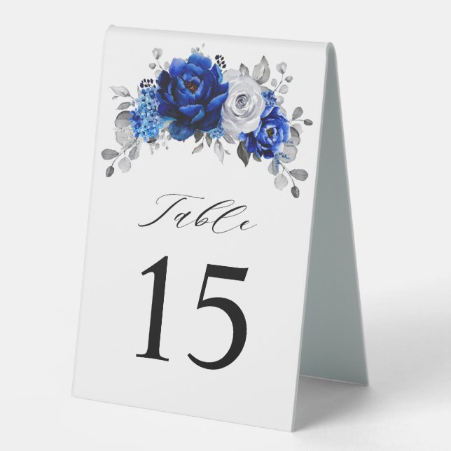 Plaque De Table Royal Bleu Blanc Argent Métallo Mariage Floral (Recto)