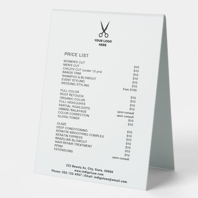 Plaque De Table Salon des cheveux Ajouter votre logo Service Menu  (Recto)