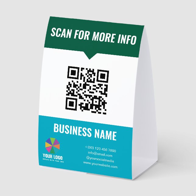 Plaque De Table Scan Bleu Vert Pour Code Qr Info & Votre Logo (Recto)