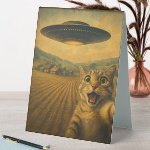 Plaque De Table Selfie De Chat Avec Alien UFO Drôle Cadeaux De Cha