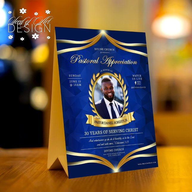 Plaque De Table Service d'Eglise d'Appréciation Pastorale Bleue Or (Créateur téléchargé)