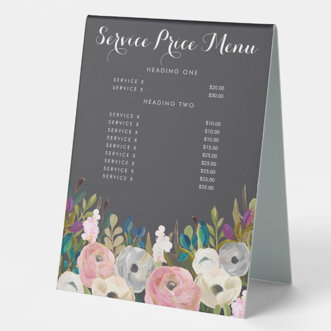 Plaque De Table Service Floral Peint Menu Prix Fabriqué sur mesure (Recto)