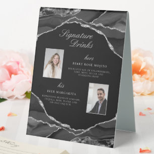 Plaque De Table Signature Boissons Black Silver Agate Mariage Phot