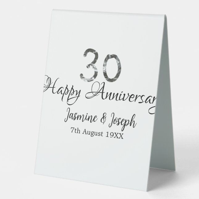 Plaque De Table Silver Metallic 30th Happy anniversaire ajouter no (Recto)
