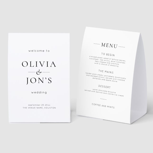 Plaque De Table Simple Mariage Bienvenue & Menu Noir et Blanc (Recto/verso)