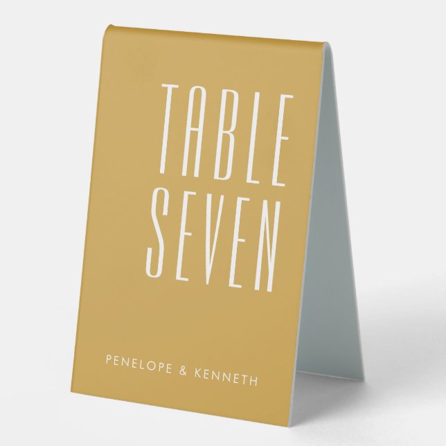 Plaque De Table Simple Rétro Noms Personnalisés Mariage Jaune Ocre (Recto)