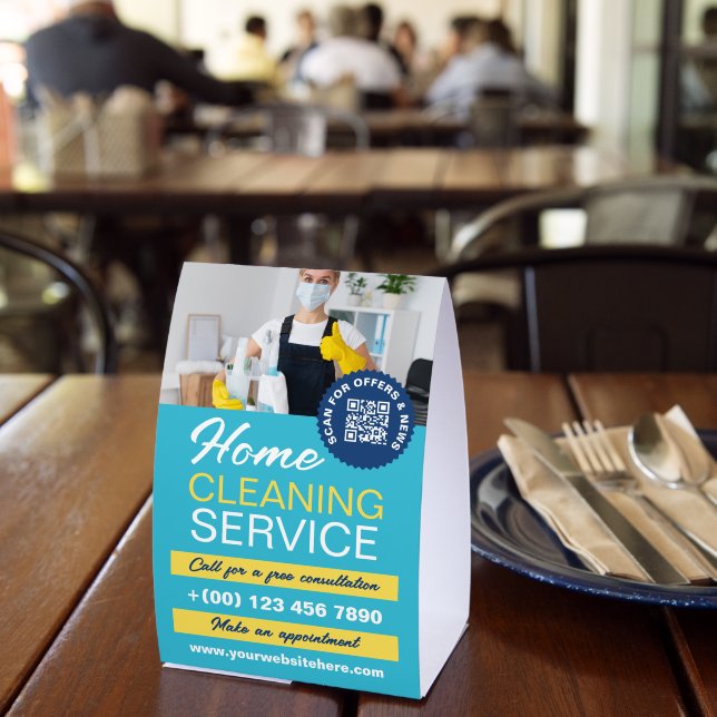 Plaque De Table Sky Blue Yellow Home Cleaning Photo & QR Code (Insitu (restaurant))