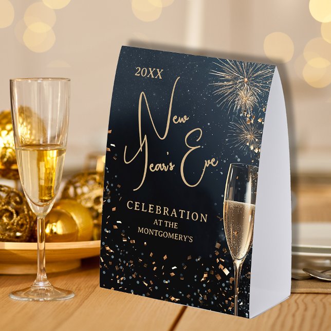 Plaque De Table Soirée du Nouvel An Chic Champagne (Chic Champagne and Clocks New Year's Eve party table tent sign - paper shown, or order plastic)