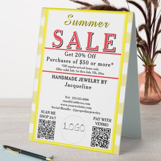 Plaque De Table Soldes d'été Rayures blanches jaunes DOS Cœur (En SItu (Tableau))